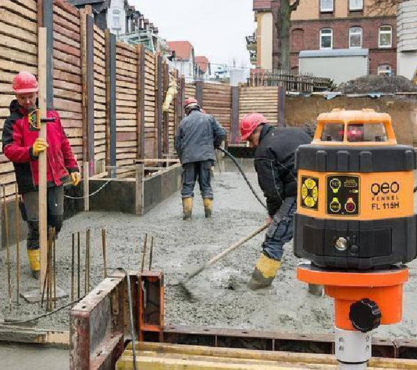 Geo-Fennel FL 115H Horizontal Rotating Laser Level on tripod at a construction site