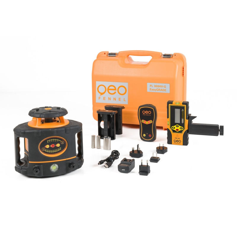 Geo Fennel FL 300HV-G Easy Grade Rotary Laser Level with accessories and carrying case