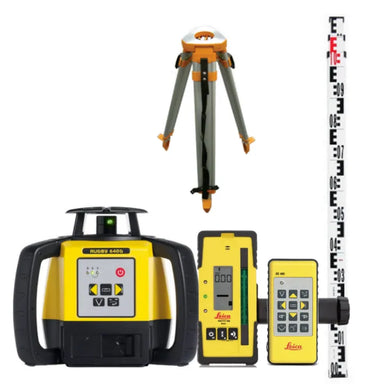 Leica Rugby 640G Green Beam Rotating Laser Level kit with Rod-Eye 120G Laser Receiver, 3m Levelling staff and Aluminium tripod